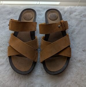 Teva Mahonia Slide Sandals | Size 7 | Leather Crisscross Slip-On w Cork Footbed